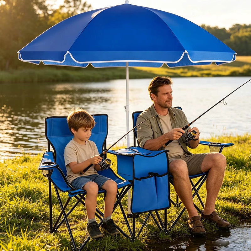 Double Camping Loveseat Chair with Umbrella - Folding Outdoor Beach Chair Set with Cooler & Side Table
