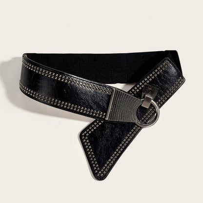 Retro Wide Stretch Waist Belt with Unique Ring Buckle for Dresses