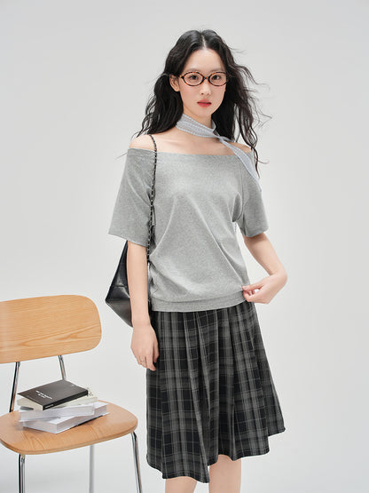 Elegant Loose Fit Off-the-Shoulder Top with Neck Strap for Women