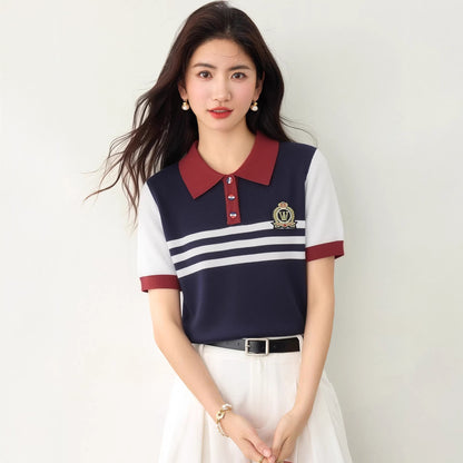 Youthful Preppy Style Striped T-Shirt - Versatile Summer Polo Top for Women