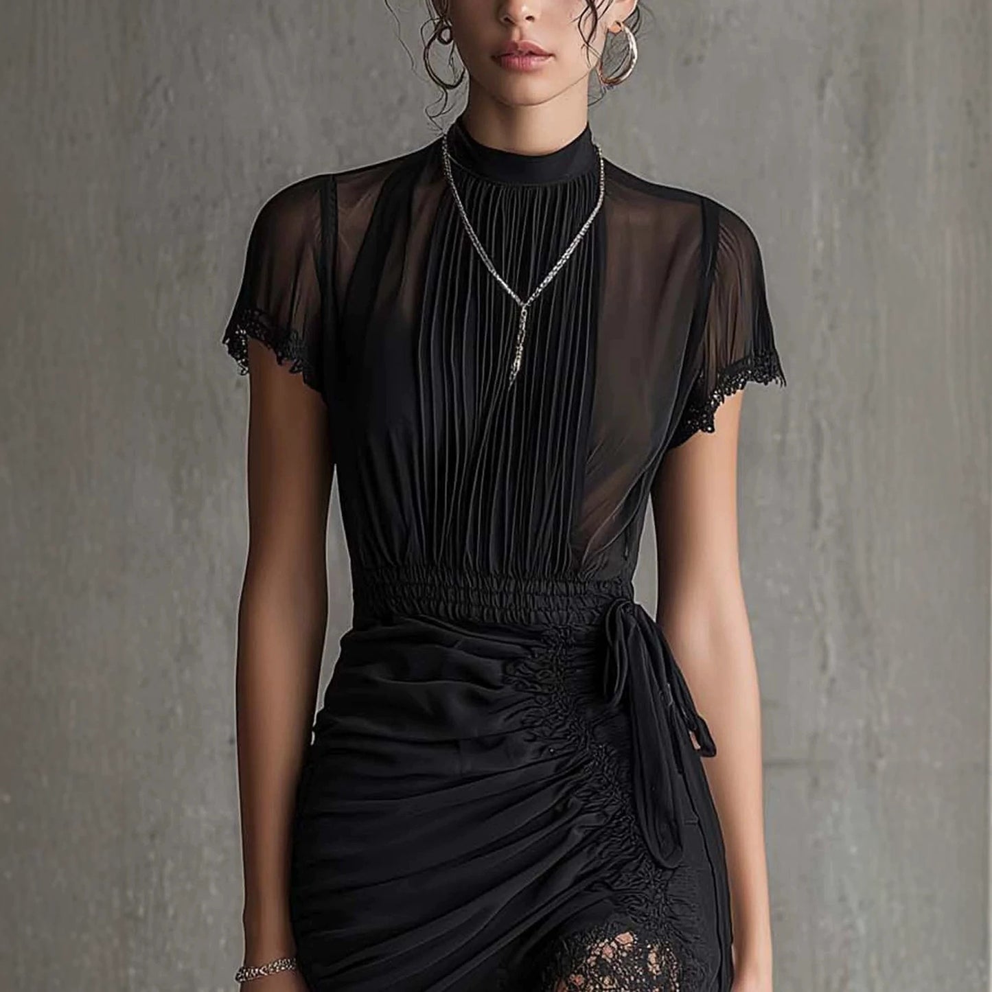 Women's Elegant Black See-Through Lace Patchwork Dress - European Style Mini Dress