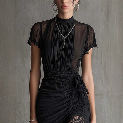 Women's Elegant Black See-Through Lace Patchwork Dress - European Style Mini Dress