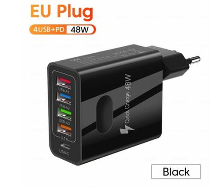 48W 5-in-1 Multi-Port Wall Charger - 4 USB & PD Fast Charging Adapter