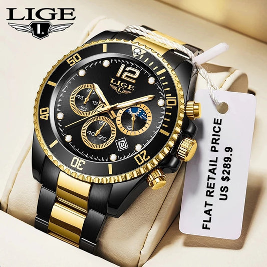LIGE Luxury Men's Chronograph Quartz Watch - Waterproof Stainless Steel Sports Wristwatch