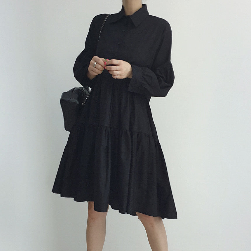 Chic Korean Style White Shirt Dress - Loose Fit Puff Sleeve Tiered Mini Dress for Women