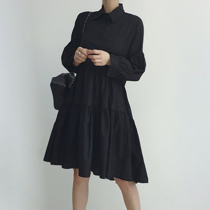 Chic Korean Style White Shirt Dress - Loose Fit Puff Sleeve Tiered Mini Dress for Women