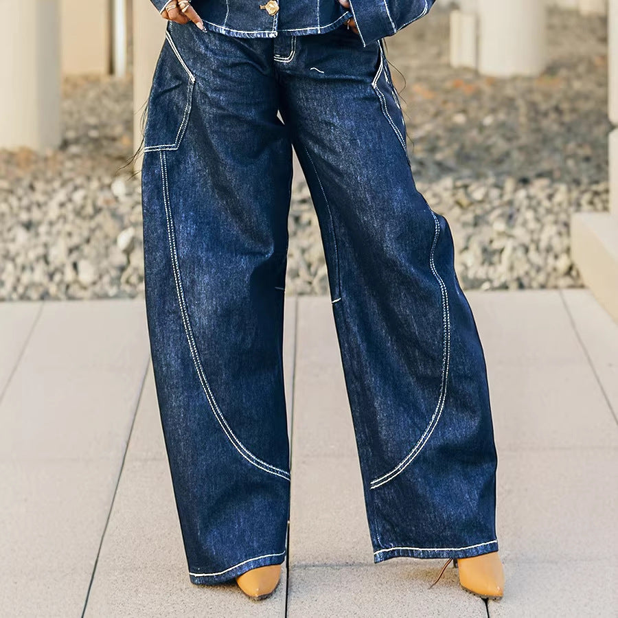Stylish Stitched Curved Hem Denim Pants - Trendy Wide Leg Jeans for Women