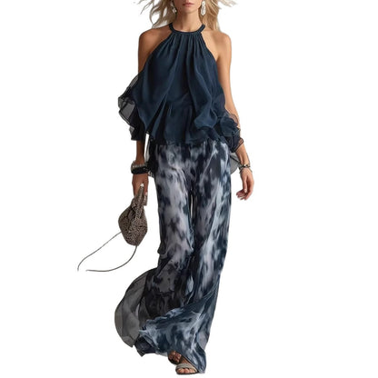Chic Summer 2-Piece Outfit - Ruffle Halter Blouse with Tie-Dye Palazzo Pants