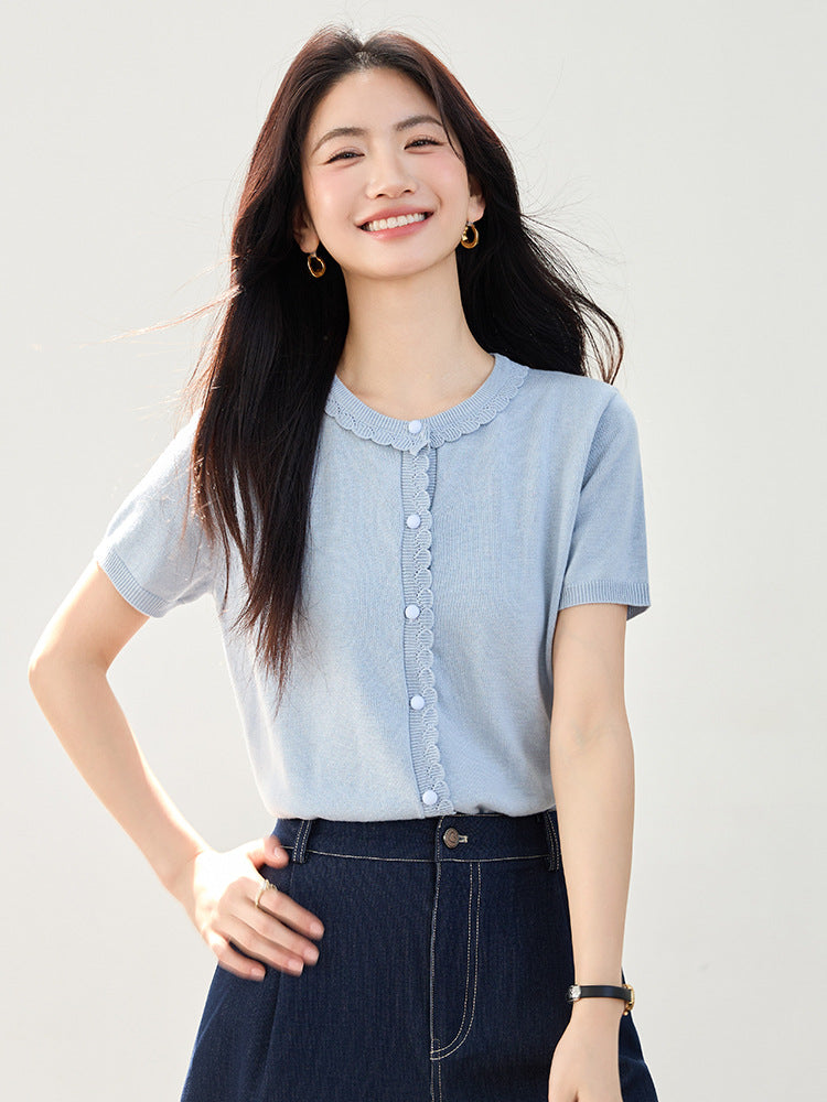 Chic Ice Silk Knit Short Sleeve Top - Lightweight Casual T-Shirt for Women