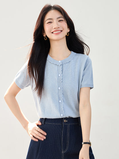 Chic Ice Silk Knit Short Sleeve Top - Lightweight Casual T-Shirt for Women
