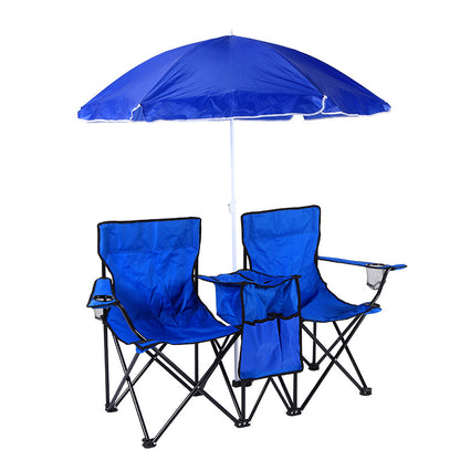 Double Camping Loveseat Chair with Umbrella - Folding Outdoor Beach Chair Set with Cooler & Side Table