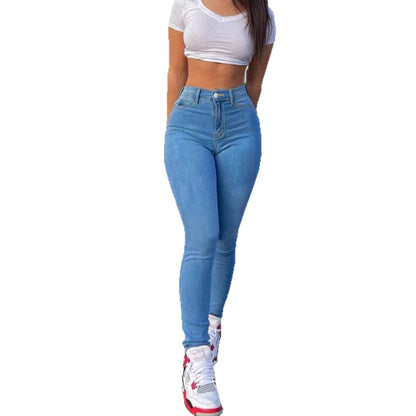 Women's Light Blue High Waisted Skinny Jeans - Stretch Elastic Denim Pencil Pants