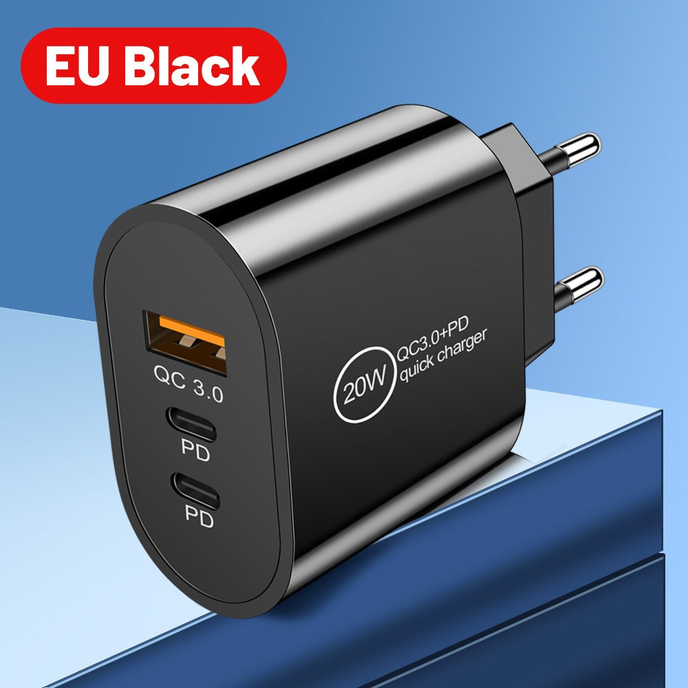 20W USB & Dual PD Type-C Fast Wall Charger - Multi-Port Universal Travel Charging Adapter