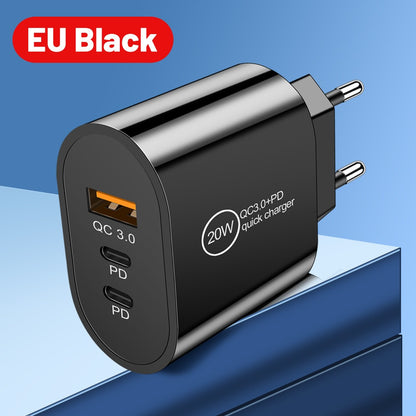 20W USB & Dual PD Type-C Fast Wall Charger - Multi-Port Universal Travel Charging Adapter