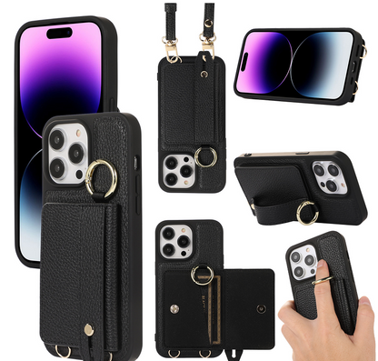 Leather Card Holder Phone Case with Wrist Strap & Stand - Multifunctional Wallet Cover for iPhone