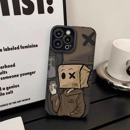 Funny Cardboard Box Head Social Anxiety Cartoon Phone Case for iPhone 15 14 13 12 11 Pro Max - Soft TPU Cover