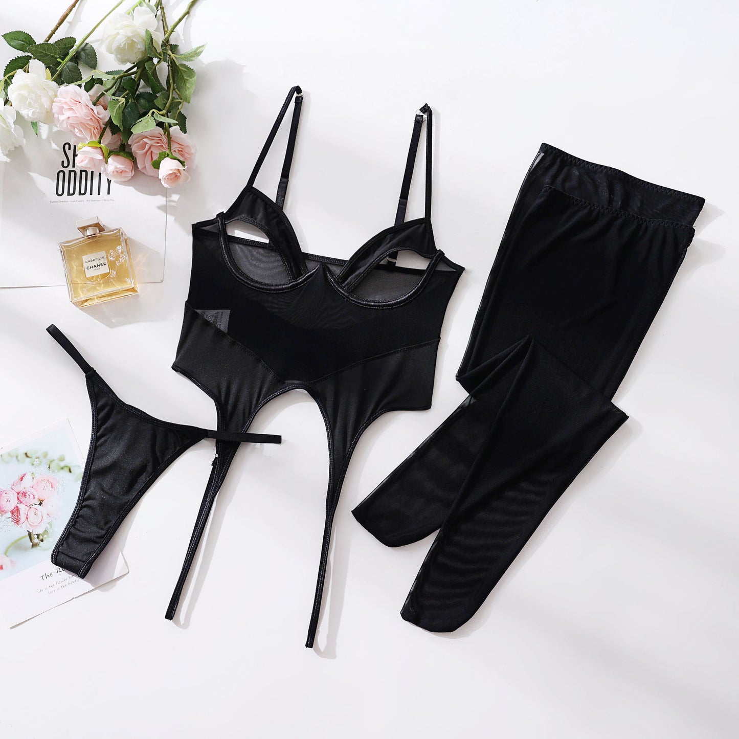 Black Mesh Open Bust Bodysuit with Strappy Hollow Out & Stockings