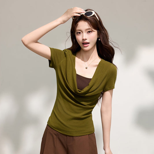 Women's Chic False Two-Piece Drape Neck Short Sleeve T-Shirt
