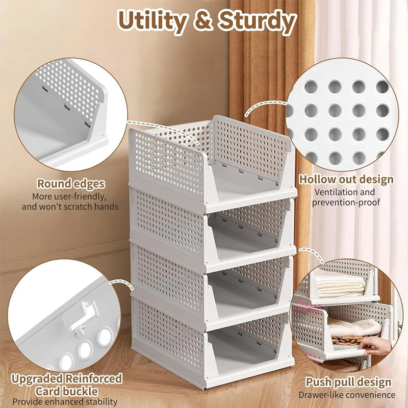 4 Pack Stackable & Foldable Closet Storage Bins - Plastic Drawer Organizers with Sliding Rails