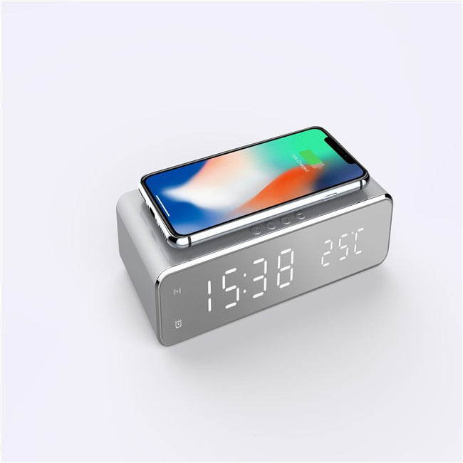 Multifunctional Mirror LED Digital Alarm Clock with Qi Wireless Charger & Temperature Display