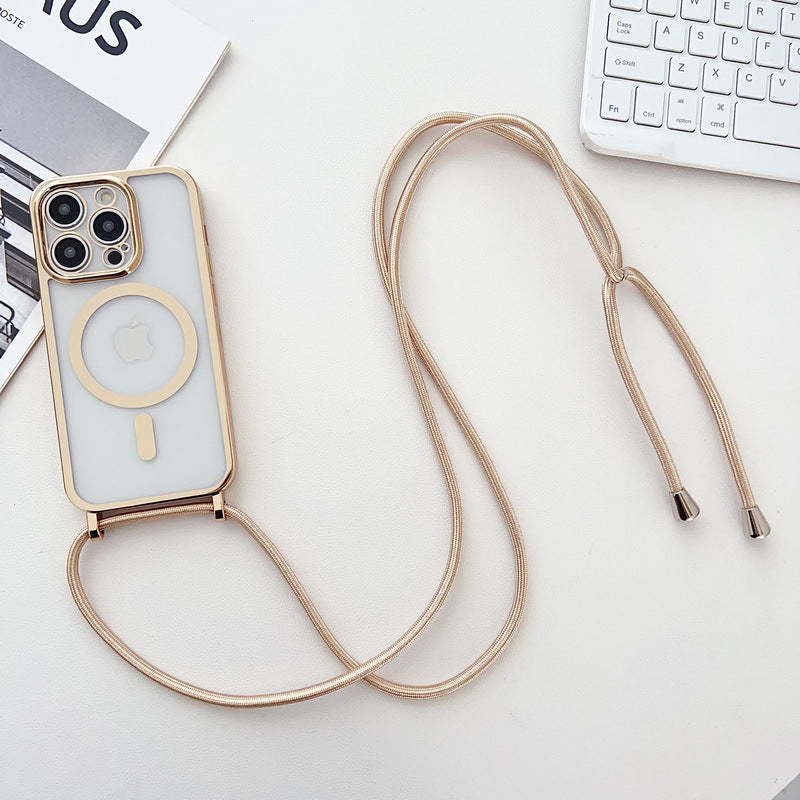 Electroplated Transparent Magnetic Lanyard Phone Case - Crossbody Shockproof Protective Cover for iPhone