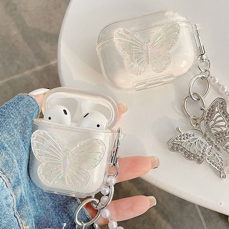 Aesthetic Clear Butterfly Earphone Case with Silver Metal Keychain & Pearl Chain for AirPods 1 / 2 / Pro / 3