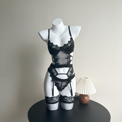 Purple Transparent Push-up Lingerie Set with Stockings