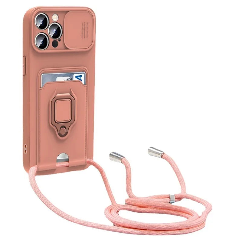 Crossbody Lanyard Phone Case with Card Holder & Ring Holder Kickstand for iPhone 15 14 13 12 11 Pro Max