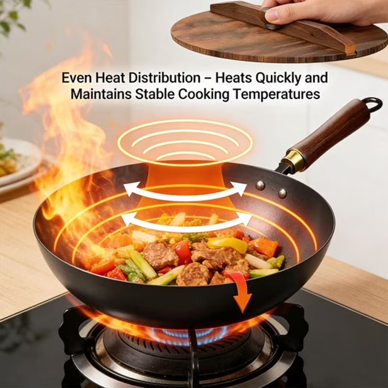Traditional Hand-Forged Uncoated Iron Wok with Wooden Lid & Handle for Induction & Gas Stove