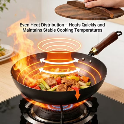 Traditional Hand-Forged Uncoated Iron Wok with Wooden Lid & Handle for Induction & Gas Stove