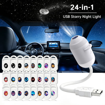 24-in-1 USB Galaxy & Starry Night Light Projector - Flexible LED Ambient Light for Car & Bedroom