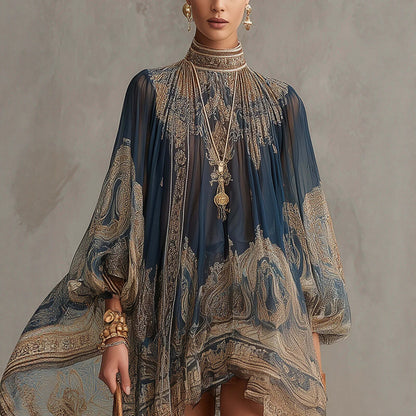 Elegant Asymmetrical Flowing Boho Dress - Chic Lantern Sleeve Party Gown