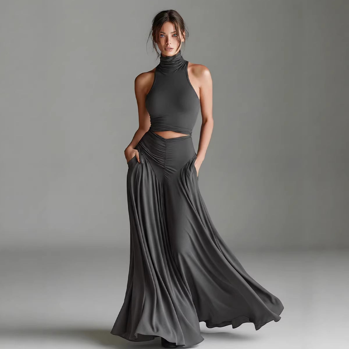 Chic Solid Color Two-Piece Dress Set - High Waist Ruched Long Skirt Outfit