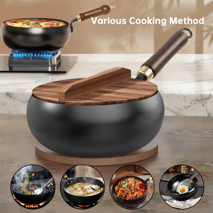 Traditional Hand-Forged Uncoated Iron Wok with Wooden Lid & Handle for Induction & Gas Stove