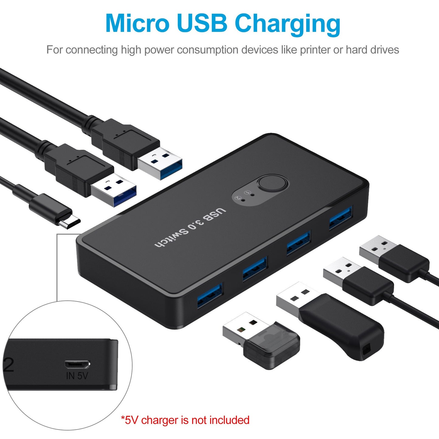 AT06 USB 3.0 Sharing Switch - 4-Port Peripheral Switcher & Printer Sharer for 2 Computers