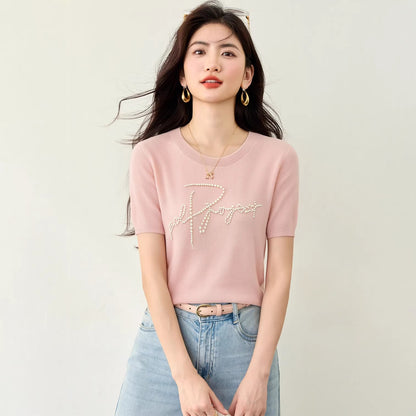 Women's Elegant Beaded Lettering Knit Top - Chic Casual Summer Tee