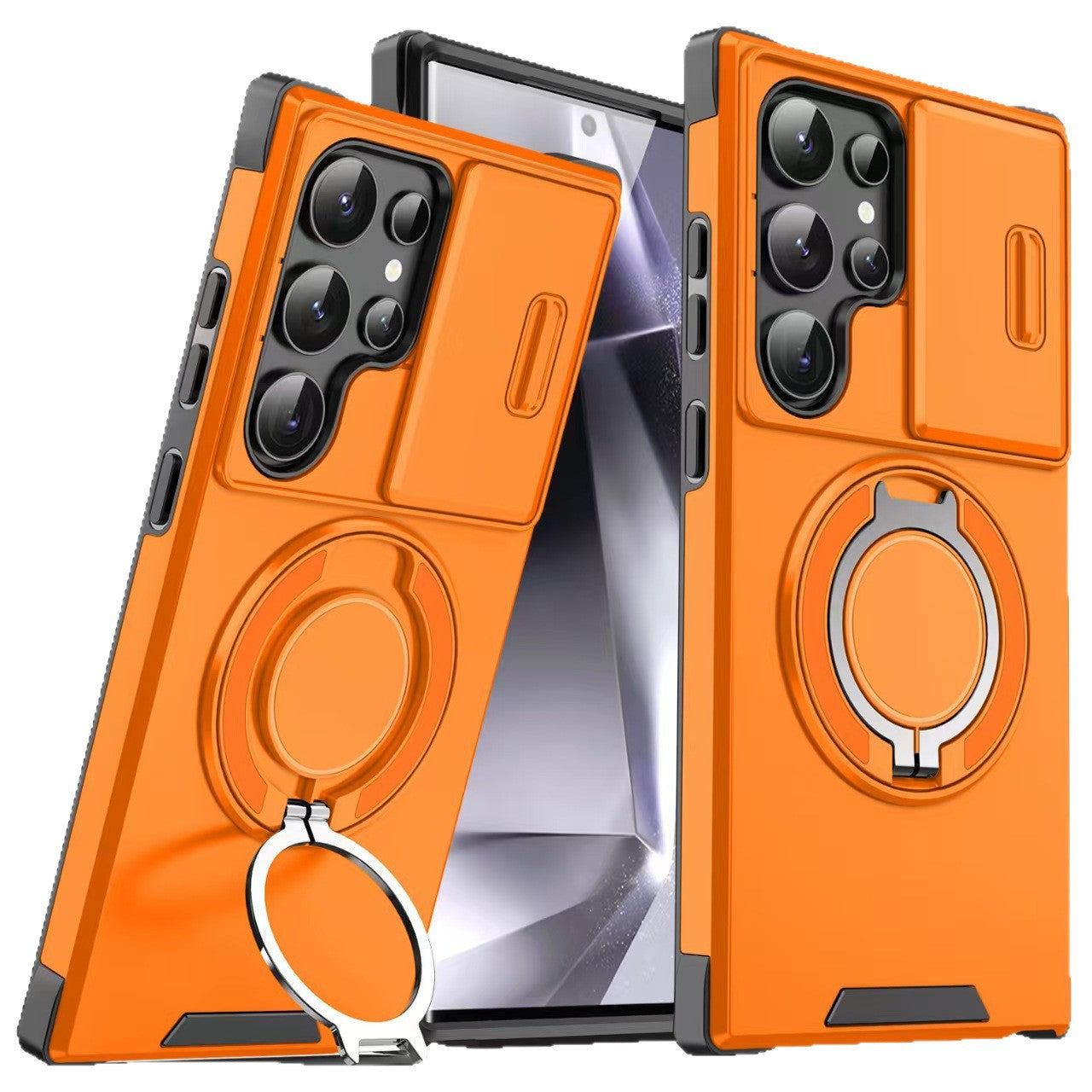 Samsung Galaxy Shockproof Armor Case - Rotating Ring Kickstand & Sliding Camera Lens Cover