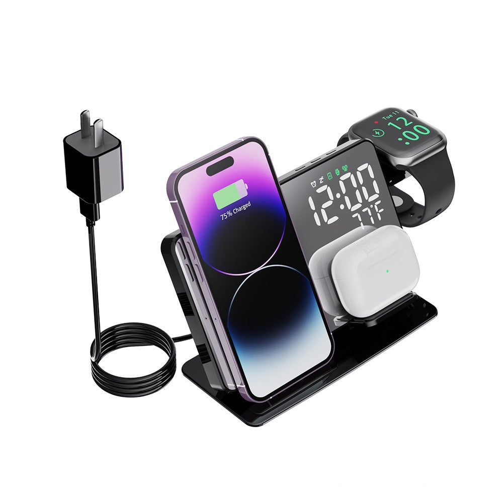 15W 4-in-1 Fast Wireless Charging Station - LED Digital Alarm Clock with Temperature Display
