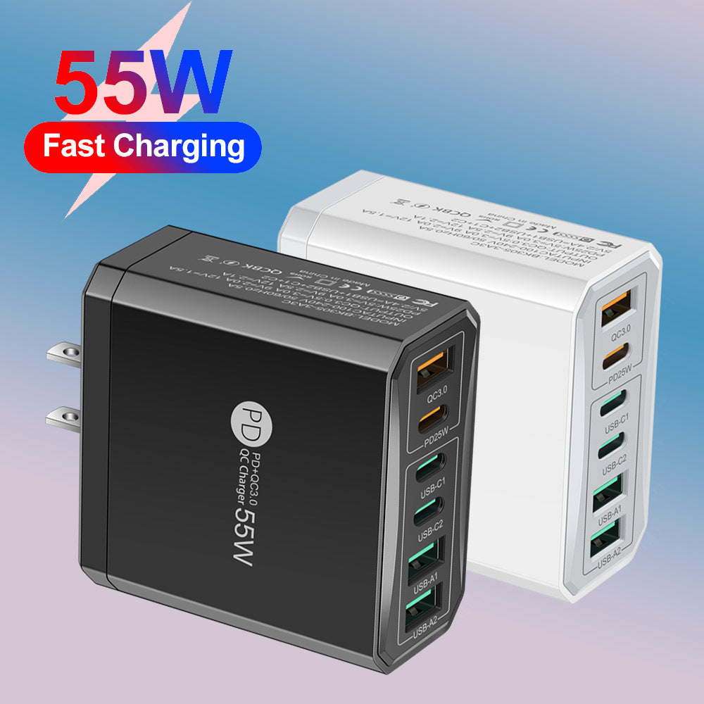 6-in-1 Fast Charging Head - 55W QC3.0 & PD Multi-Port Wall Charger Adapter