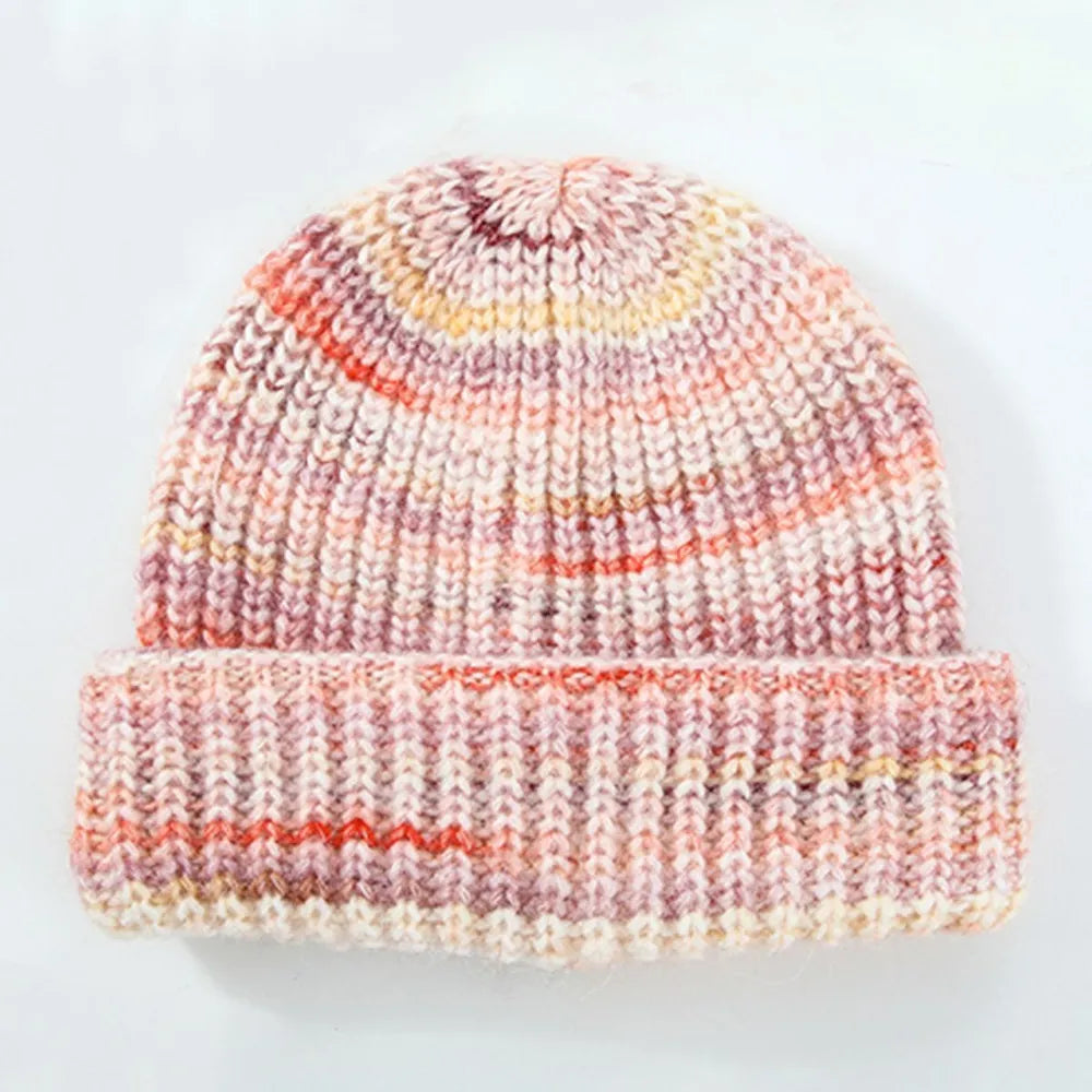 Unisex Thermal Contrast Color Knit Beanie Hat | Soft Warm Ribbed Winter Skull Cap