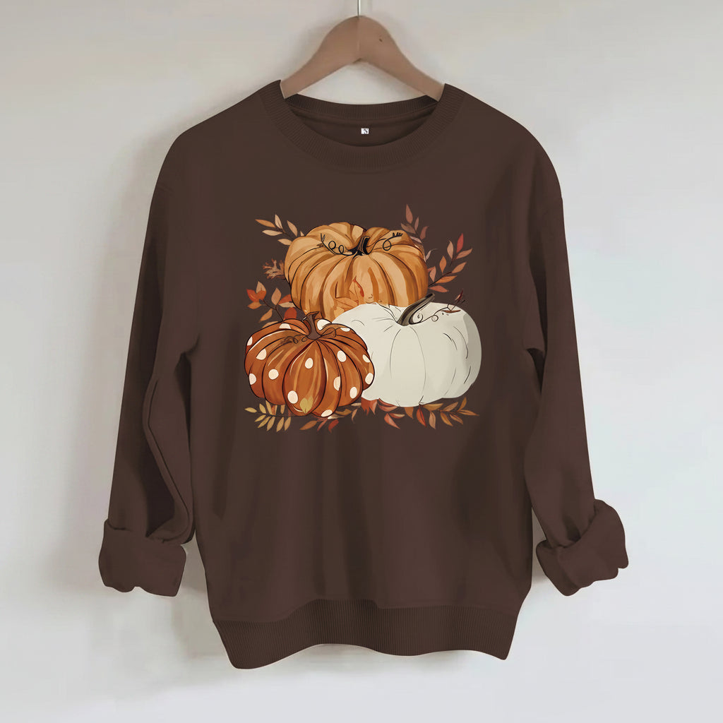 Three Pumpkin Pattern Printed Fall Sweatshirt | Thanksgiving Autumn Graphic Pullover