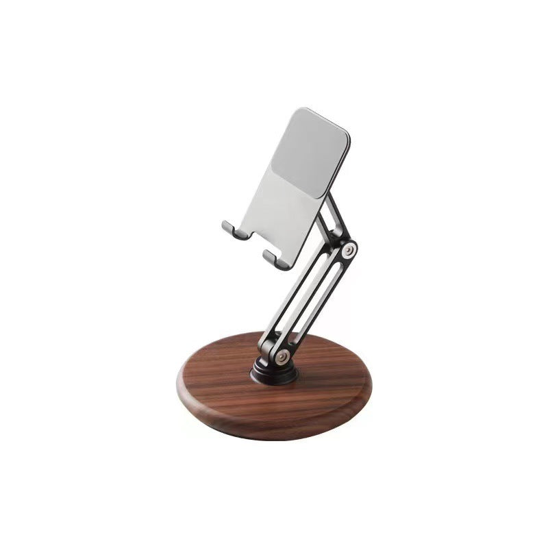 Executive Wooden Base Aluminum Phone Stand - 360 Rotating Foldable Desktop Holder for iPhone & Tablets