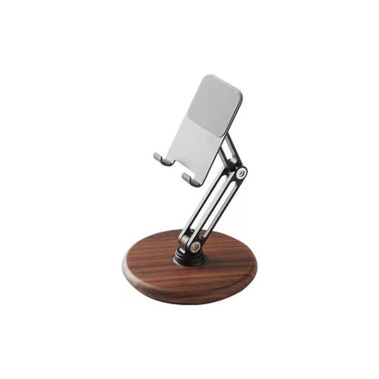 Executive Wooden Base Aluminum Phone Stand - 360 Rotating Foldable Desktop Holder for iPhone & Tablets