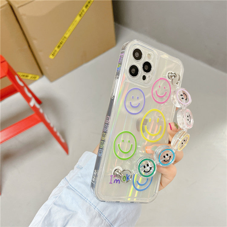 Transparent Colorful Smiley Face Phone Case with Bead Wrist Chain Bracelet for iPhone 16 15 14 13 Pro Max - Clear Soft Cover
