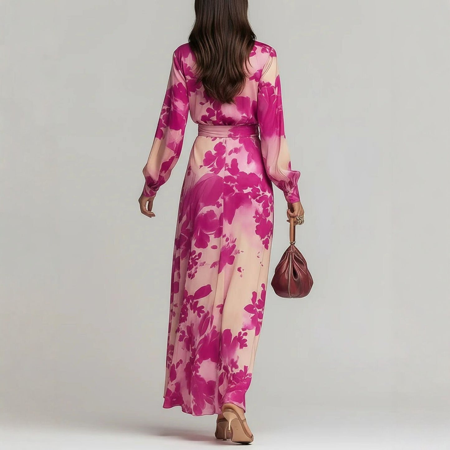Women's Printed Chiffon V-Neck Maxi Dress - Elegant Long Sleeve Tie-Up Gown