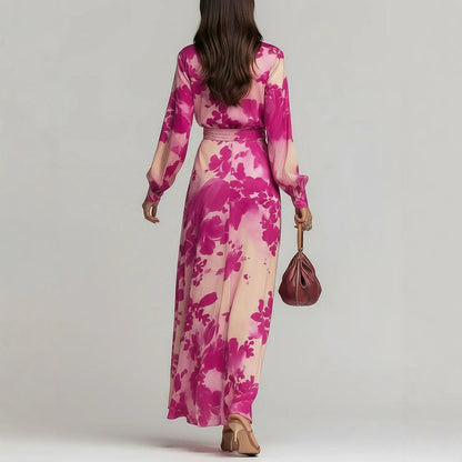 Women's Printed Chiffon V-Neck Maxi Dress - Elegant Long Sleeve Tie-Up Gown
