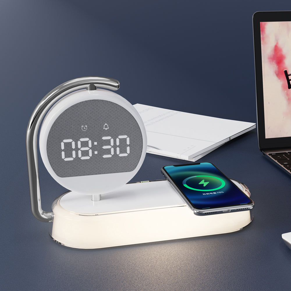 3-in-1 Multifunctional Digital Alarm Clock with Wireless Charger & Night Light - Desktop Charging Station Stand