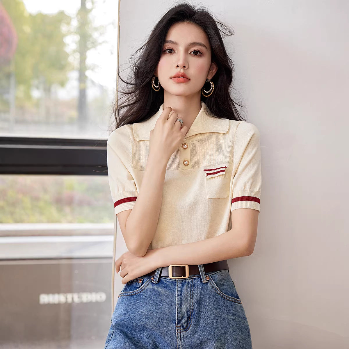 Vintage Apricot Polo Neck Knit Top - Summer Loose Short Sleeve Shirt