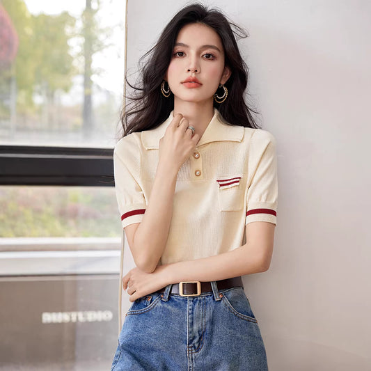 Vintage Apricot Polo Neck Knit Top - Summer Loose Short Sleeve Shirt