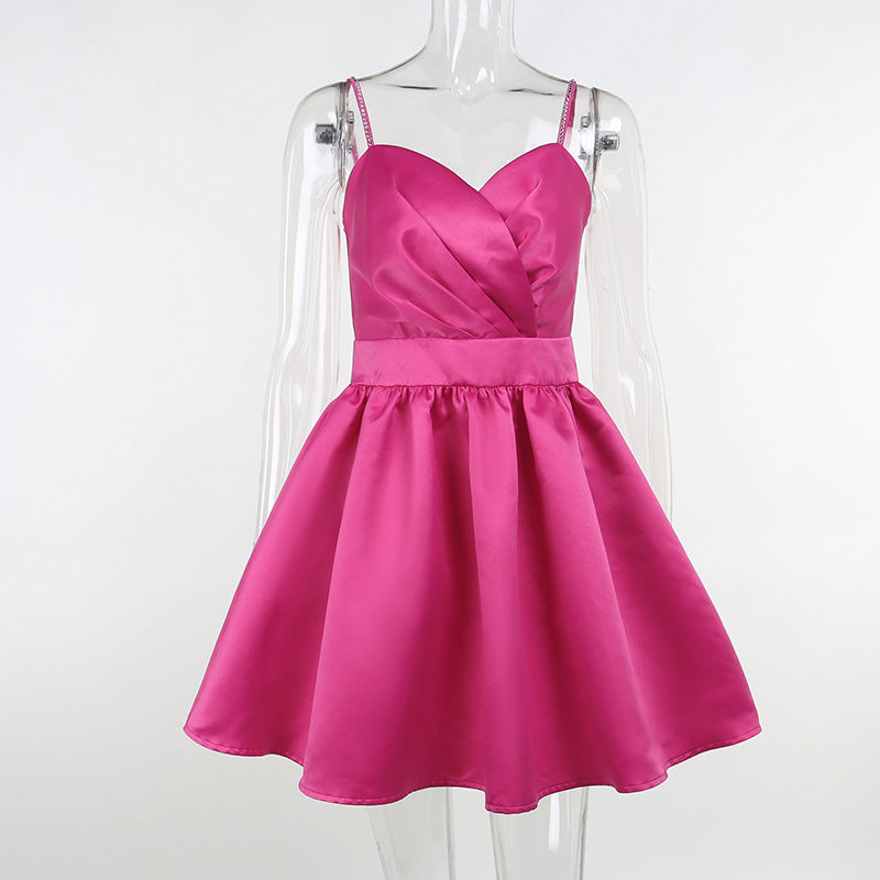 Glamorous Hot Pink Diamond Chain Strap Dress - Elegant Satin Party Mini Gown